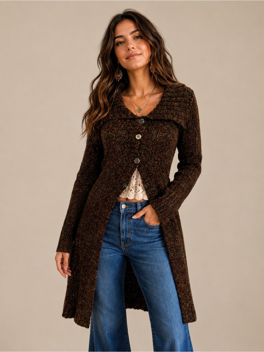 B. Moss Long Brown Knit Earth Tone Boho Button-Front Cardigan Vintage Inspired